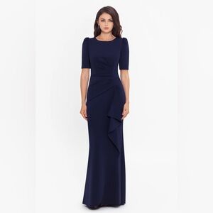 Xscape Navy Ruffle Detail Gown NWOT 4 Elegant Formal Evening Dress Modest GALA